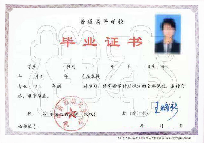 中国地址大学（武汉）毕业证样本